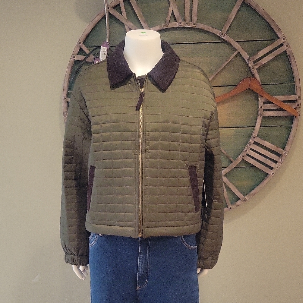 Tuckernuck Box Quilt Mason Army Green Jacket with Brown Corduroy Trim